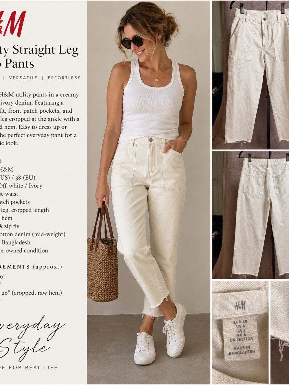 H&M Ivory Utility Straight Leg Crop Pants Size 6 Raw Hem High Rise
